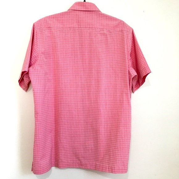 Men's Pink Red plaid button up short sleeve causal shirt - Picture 2 of 10